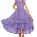 HOSIKA Lace Flower Girls Dress Summer Short Sleeve Princess Vintage Boho Wedding Party A-Line Maxi Dresses 6-12 Years Purple XL