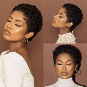Pixie Cut Human Hair Wig for Black Women Short Layered Afro Curly Style Human Hair Glueless Full Machine Made Wig Lightweight and Breathable Wear and go Wig (Black)