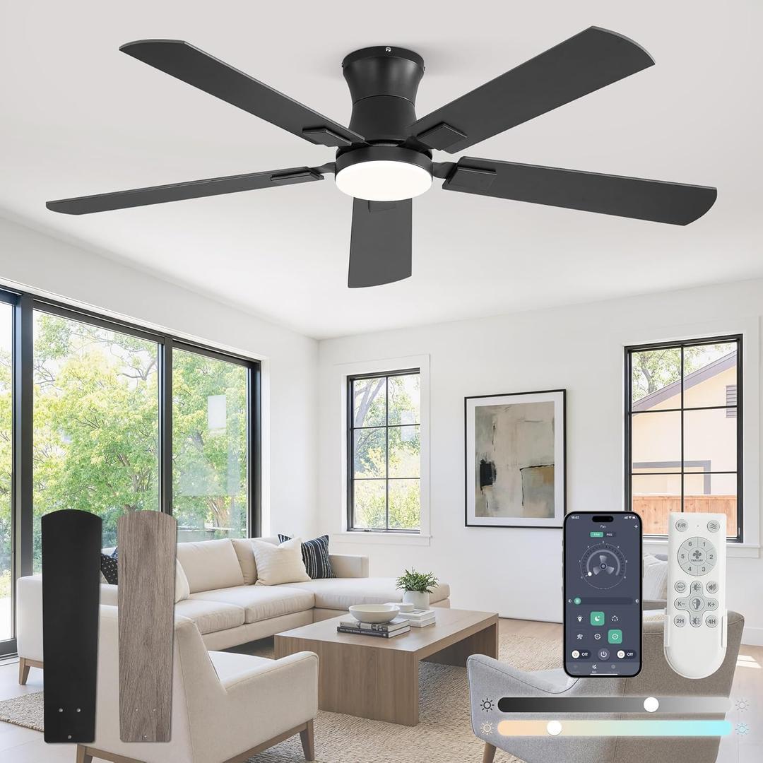 Fanbulous 52 inch ceiling fan with light, Low Profile Ceiling Fan with Light, App&Remote Control, Dimmable LED Light, Flush Mount Ceiling Fan for Indoor Bedroom Living Room, Qiuet DC Motor, Black