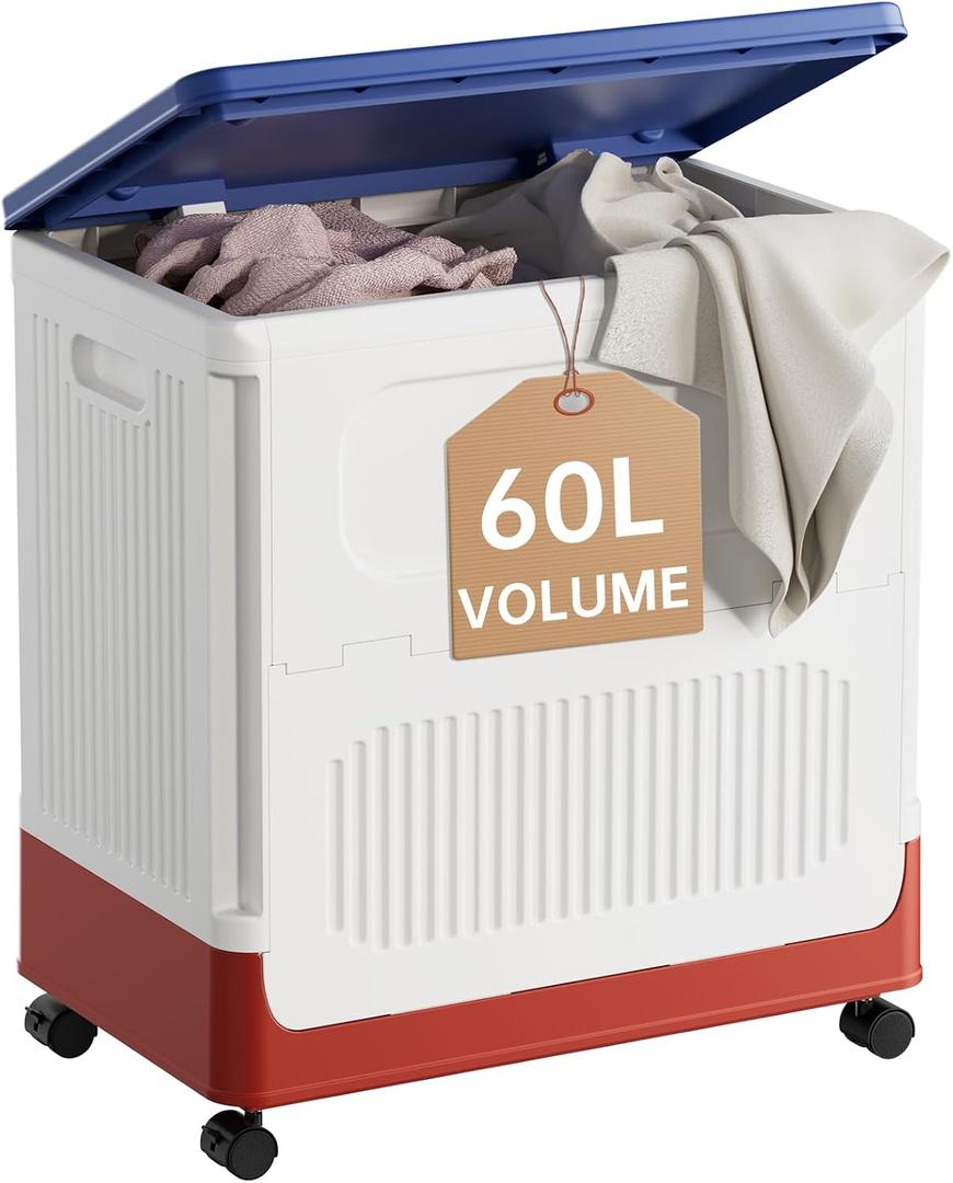 60L Laundry Hamper with Lid, Cute Rolling Laundry Basket with Wheels & Handle, Slim Dirty Clothes Organizer for Kids Bedroom, Nursery, Bathroom, Closet, Tricolor