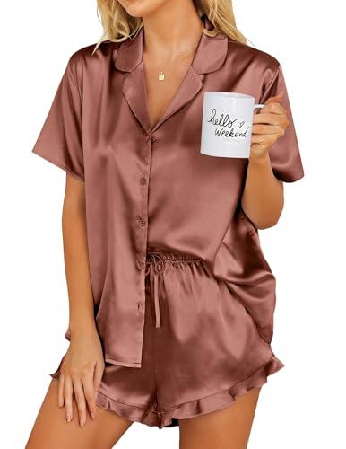 Ekouaer Womens Satin Pajamas Set Button Down 2 Piece Silk Pjs Shorts Set Ruffle Lingerie Notch Collar Sleepwear Brown XL