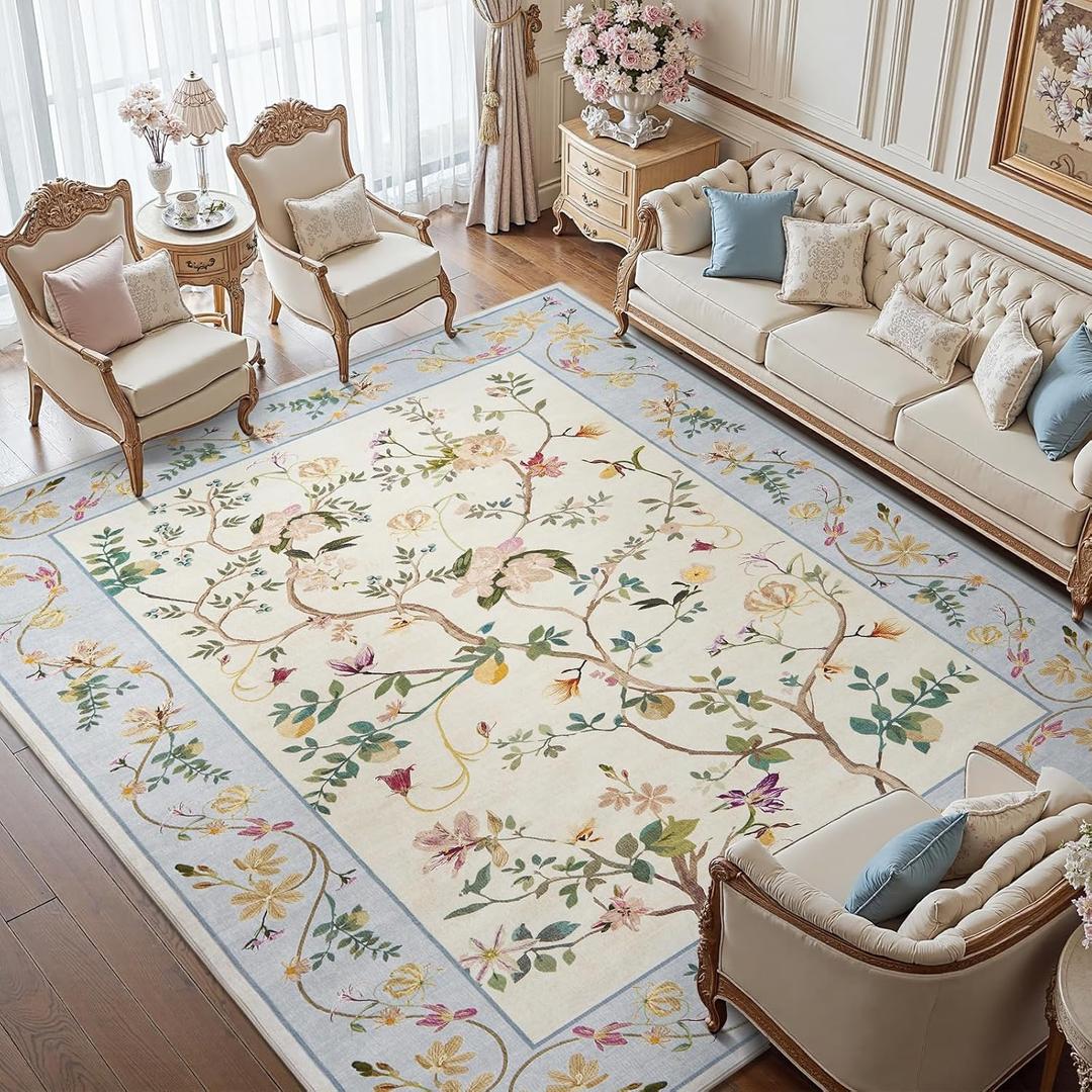 Jinchan Floraison Floral 6x9 Area Rugs Machine Washable Rug Netural Indoor Non Slip Chinoiserie Flower Printed Oriental Vintage Soft Carpet for Bedroom Living Room Dining Room Beige/Blue