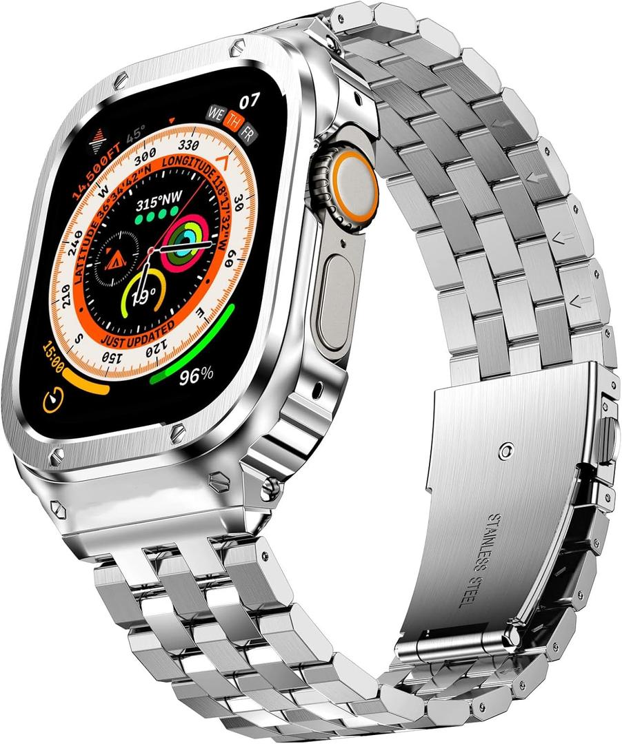 SUPLINK Stainless Steel Case with Bands Compatible with Apple Watch Ultra 2 Band/ 1/ Apple Watch Ultra 3 Band 49mm, Metal Rugged Protective Bumper Adjustable Strap for iWatch Bands Men, Silver