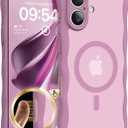 TAURI Magnetic for iPhone 16 Case, Cute Wavy Design Anti-Slip | Full Camera Protection, Compatible with Magsafe Translucent Matte Case for iPhone 16 for Women Girls, Black Currant
