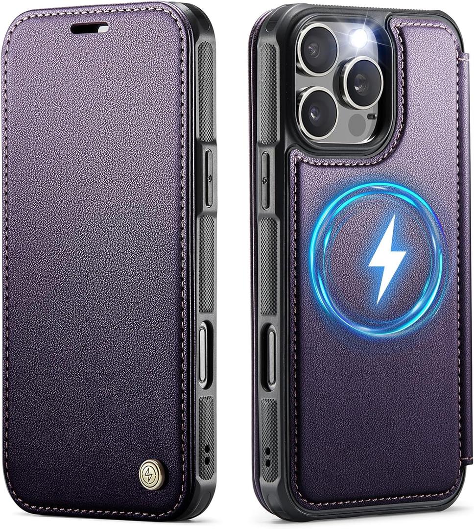 for iPhone 16 Pro Case Wallet Compatible with Magsafe, Slim PU Leather Flip RFID Blocking Card Holder Stand Shockproof Magnetic Women Men Wallet Phone Case Cover for iPhone 16 Pro, Purple