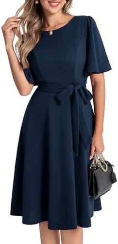Bbonlinedress Women Midi Vintage Cocktail Party Tea Dress Short Sleeve Formal Wedding Guest Church Modest Dress Navy, S