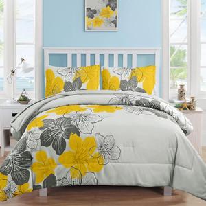 Luxudecor Floral Comforter Set Twin Size, 6 Pieces Bed in a Bag Yellow Floral Comforter and Sheet Set, Soft Microfiber Yellow Complete Bedding Sets for All Seasons 68"86"