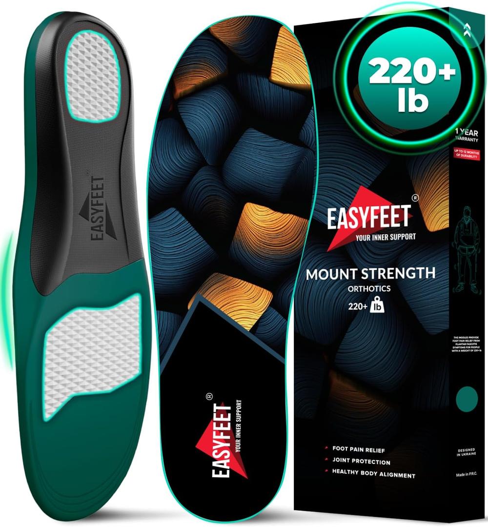 220+ lbs Plantar Fasciitis High Arch Support Insoles Men Women - Flat Feet Orthotic Inserts Standing All Day - Work Boot Shoe Insoles - Shoe Sole Flat Foot Heavy Men Size: M (Men 9-10.5/Women 10-11.5)