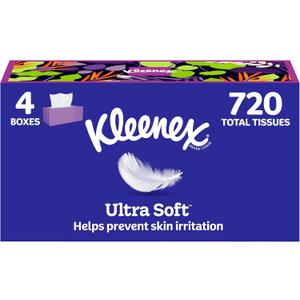 Kleenex Ultra Soft Facial Tissues, 4 Flat Boxes, 180 Tissues per Box, 3-Ply, (White)