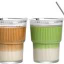 13oz Iced Coffee Cups,2Pcs Glass Cups with Lids and Straws Drinking Glasses,Clear Ribbed Glassware,Reusable Tumbler Glass to Go Cup for Matcha, Iced Tea,Juice