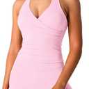 ABOCIW Women Wrap Halter Workout Tank V Neck Longline Sports Bras Backless Padded Gym Yoga Tank Tops Y2k Casual Crop (Large, Pink)