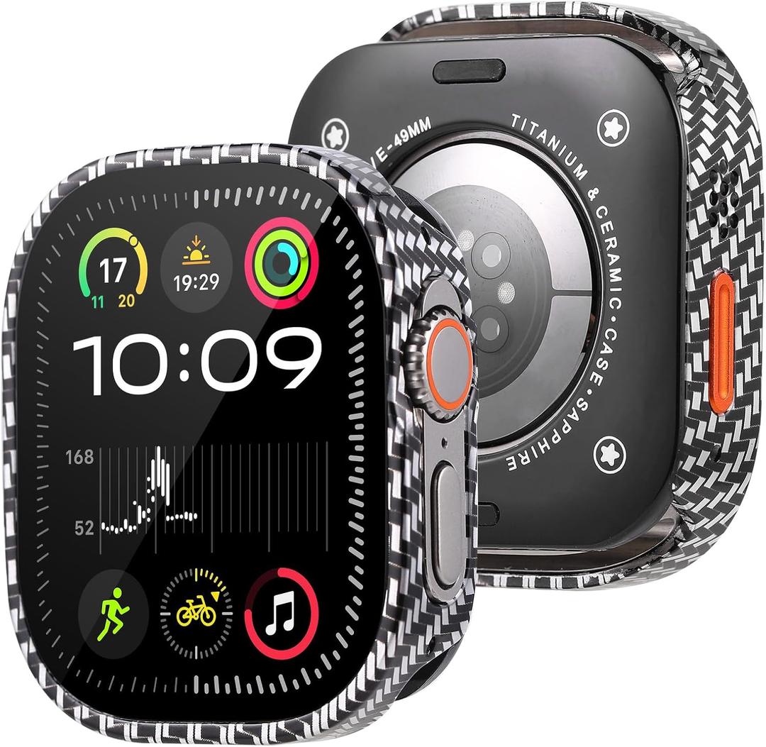 SDOCEBF Metal Case for Apple Watch Ultra/Ultra 2/Ultra 3 49mm, Military Grade Protection with Back Cover, Straight Edge Ultra Thin Lightweight Protective Cover for iWatch 49mm (Carbon Fiber Black White)