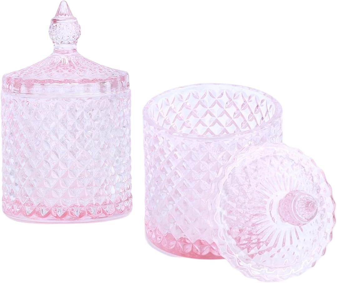10 oz Glass Canister Set for Qtips, Cotton Swabs, Floss Dispenser & Round Pads - 3 Piece Vanity Organizer - Bathroom Countertop Storage Jars（Pink）