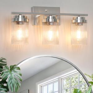 Modern Classic Brushed Nickel Vanity Light Fixture with Grooved Glass Shades, 18.9" L x 9.7" H, Ideal for Bathroom, Corridor, Entrance
