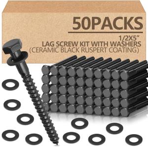 Tandefio 50 Pack 1/2''x 5'' Ceramic Black Lag Screw Kit with Washers Hex Lag Bolts Wood Screws Heavy Duty Ruspert Coating Hot Dip Galvanized Double Layer for Wood Decks Fences