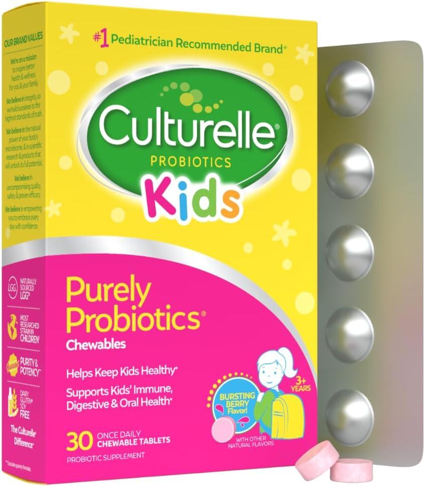 Culturelle Kids Chewable Daily Probiotic for Kids, Ages 3+, 30 Count, #1 Pediatrician-Recommended Brand, Natural Berry Flavored Daily Probiotics for Digestive Health, Oral Care & Immune Support (EXP 03/01/28)