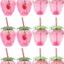 DOITOOL Strawberry Plastic Cups with Lids and Straws 12 Pcs Party Drinkware Set for Girls Summer Pool Hawaiian Themed Parties Adorable Strawberry Tumbler Cups