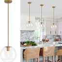 10in Globe Glass Pendant Light, Mid Century Modern Pendant Lights Kitchen Island, Brass Fininsh Hanging Light Fixture for Dining Room Over Table Sink Hallway, Gold & Clear 1 Pack