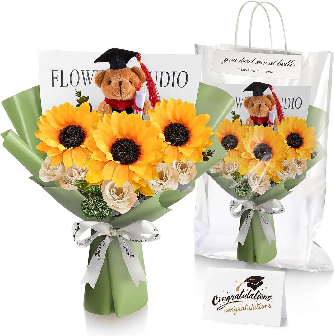 Giegxin Graduation Bear Flower Bouquet Set Graduation Bouquet Gift Graduation Bear Artificial Sunflower Rose Bouquet Greeting Card Gift Bag for Her Him Grad Party Gifts Favors Supplies(Green)