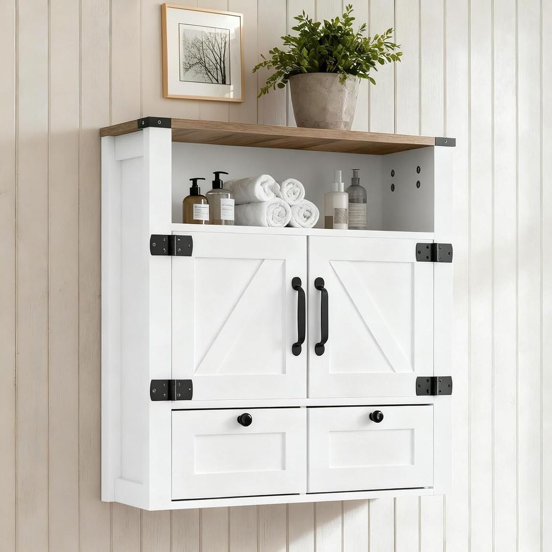 Bathroom Wall Cabinet, Farmhouse Medicine Cabinet with Mirror, Drawer, Barn Doors, Over The Toilet Storage Cabinets Wall Mounted for Bathroom Kitchen Laundry Entrance, Rustic