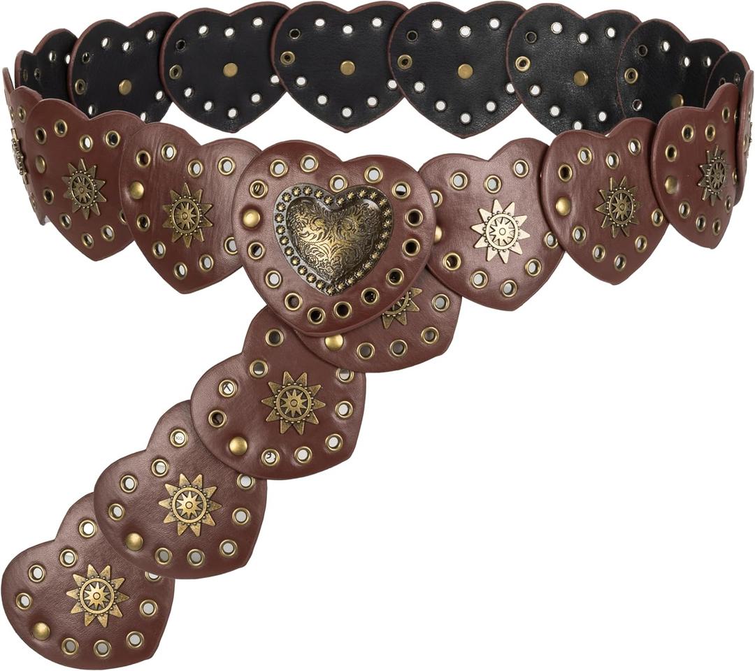 Women Wide Western Disc Belt Cowgirl Boho-Concho Leather Belts for Jeans Dress (Length 45'' (fit waist size below 40''), Brown-love)