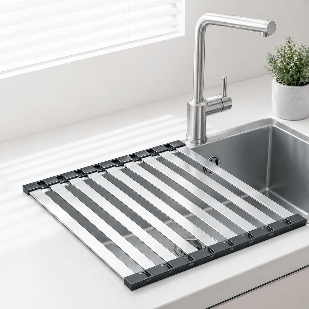 Roll Up Dish Drying Rack Over The Sink, Stainless Steel Collapsible Dish Drainer Rack for Kitchen Sink, Non-Slip Heat Resistant Space Saving Sink Drying Rack, 17.7" x 12.8"