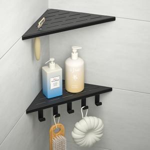 10'' Corner Shower Shelf, 304 Stainless Steel Shelves for Bathroom, Grout in Shelf with Hooks for Tiled Wall (Matte Black)