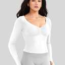 YEOREO CoreFlex Long Sleeve Workout Tops for Women Padded Deep V Neck Double Lined Impact Tops Slim Fit Gym Athletic Shirts (White, XS)