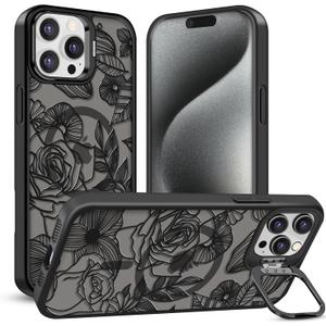 TQLGY Magnetic for iPhone 15 Pro Max Case, Translucent Matte Back Floral Line Rose Phone Case for Women, Compatible with MagSafe, Built-in Stash Stand, Military Drop Protection, Black
