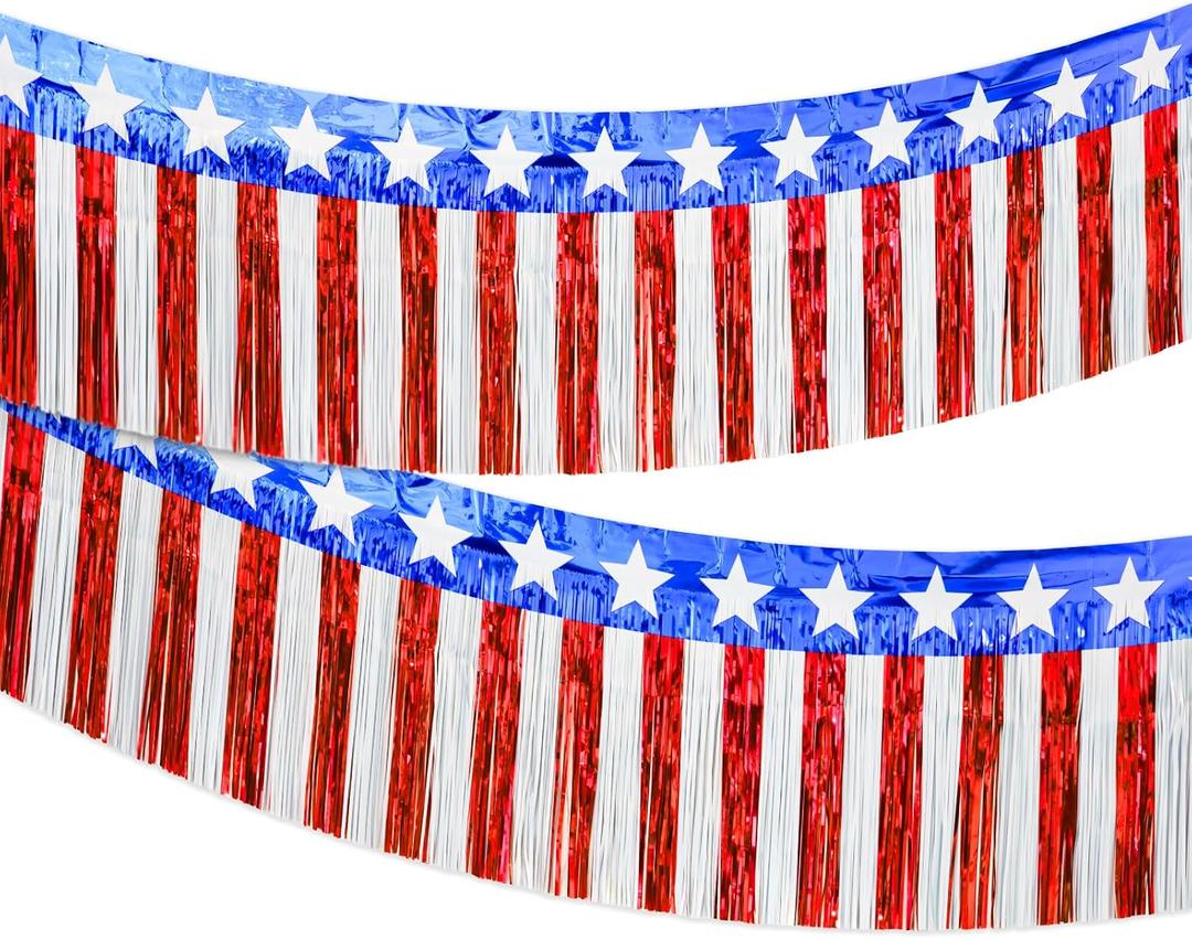Red White Blue Garland Streamers - 2Packs 39.4 Feet Patriotic Decorations Foil Fringe Garland Tinsel Patriotic Metallic Banner American Flag Banner for Parade Floats, 4th of July Decorations
