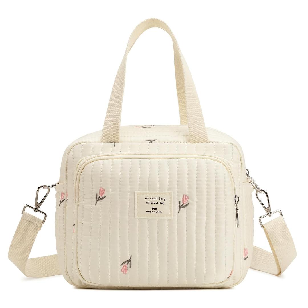 Small Diaper Bag Tote, Crossbody Diaper Bag Mini Purse with 7 Pockets, Travel Baby Bag for boys & Girls, 2 Bottle pocket, Off white