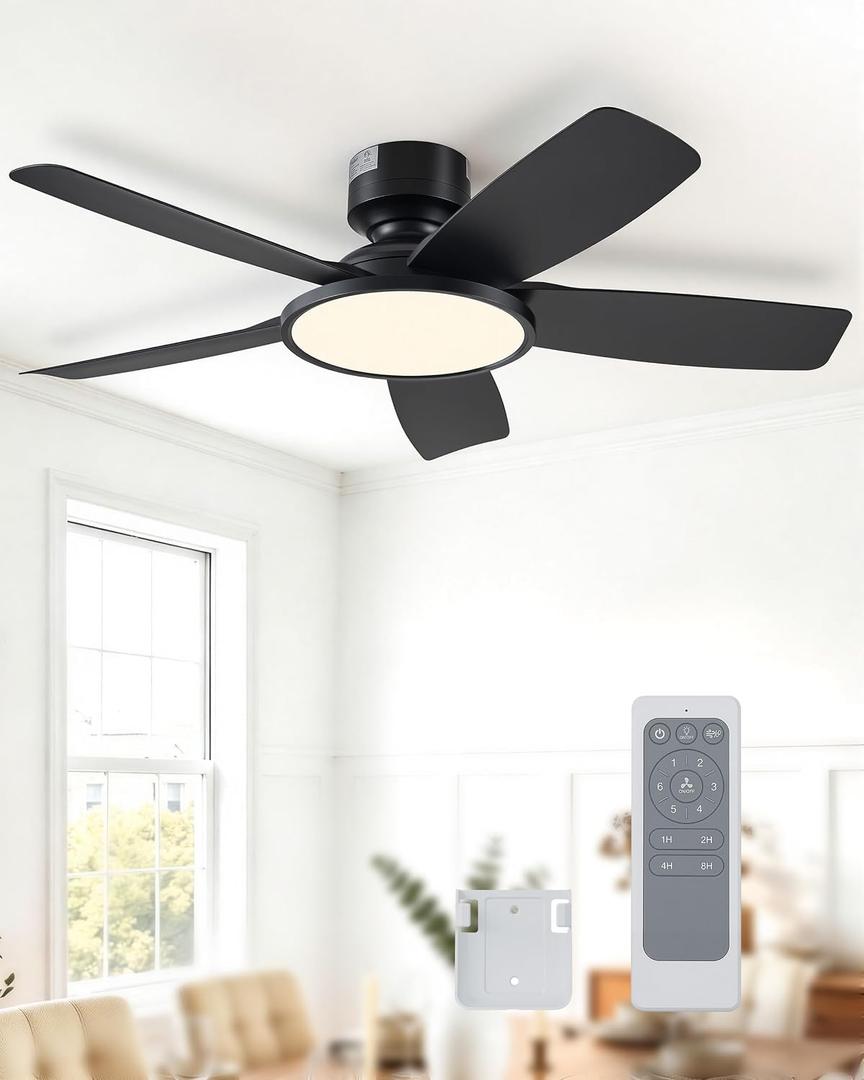 VONLUCE 42 Inch Ceiling Fan with Lights, Quick Install Ceiling Fan and Remote, 6-Speeds Noiseless Reversible DC Motor, 3CCT, Modern Ceiling Fan for Bedroom Living Room Kitchen, Black