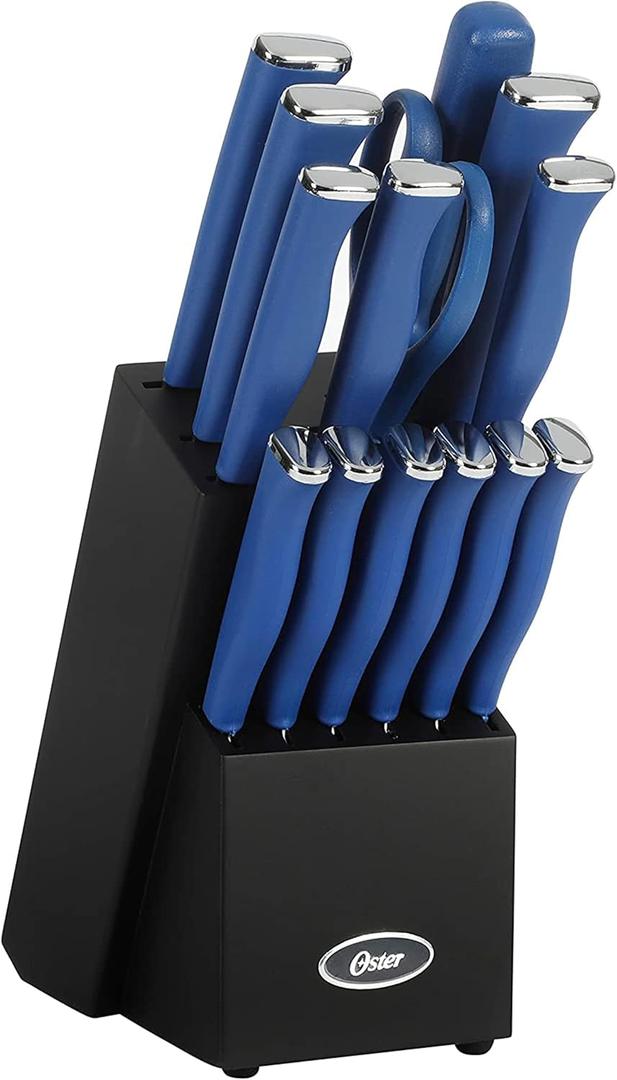 Oster Langmore 15-Piece Stainless Steel Cutlery Knife Block Set with Classic Blue Handles Full Kitchen Knife Set in Black Storage Box