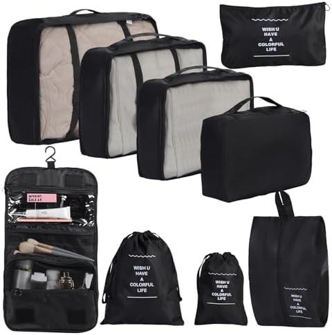 Packing Cubes Storage Bags 8 Pieces-Luggage Organizers Classify Store Clothing Efficiently for Travel Outdoor Home (Black, 8 Pieces)