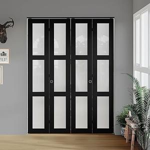 Bifold Door, for 72"x 80" Opening, Tempered Frosted Glass Black Folding Closet Door with Hardware Kit