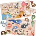 Wooden Peg Puzzles for Toddlers 1-3, 2 Pcs Montessori Educational Learning Puzzle Toy Sets - Animal & Sea Themes Puzzles, Great Preschool Gifts for Girls and Boys (6.29 * 11.61in) (Regular)