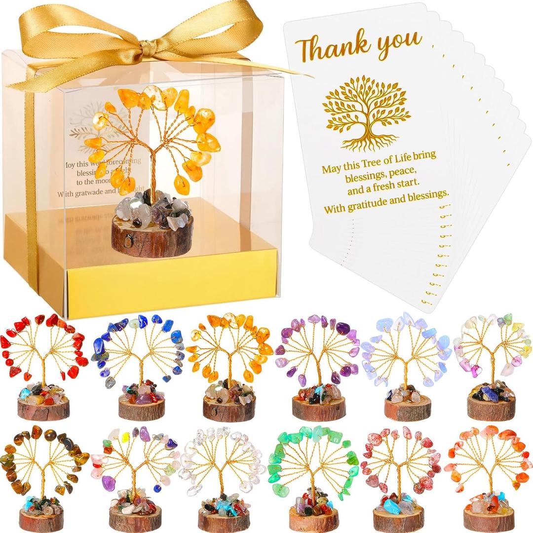 AceOrbit Mini Crystal Tree Return Birthday Gifts for Women Crystal Tree Healing Stones with Thank You Card and Box for Housewarming Positive Energy Office Decor(3.54 Inch Box,Colorful,12 Sets)