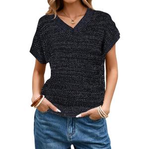 Cakulo Summer Crochet Tops for Women 2025 Short Sleeve V Neck Hollow Out Knit Beach Cover Up Casual Sweater Top (XL)