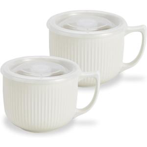 2 x Ceramic Soup Bowl with Handle 32oz Microwave Ramen Bowl with Lid, Soup Mugs & Cups for Cereal, Oatmeal, Ramen, Instant Noodle, Soup Container with Lid - Set of 2 (White)