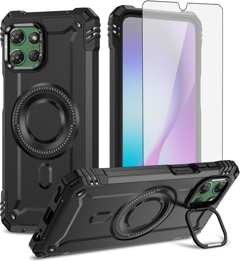 Phone Case for Motorola Moto G Power 5G 2025 with Tempered Glass Screen Protector Two Layer Hard Bumper Defender Wireless Charging Magsafe Kickstand Shockproof Soft Silicone for XT2515-1 Black