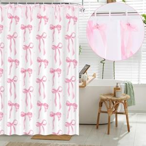 HunnmingRe Pink Bow Coquette Shower Curtain Waterproof Polyester Fabric Princess Shower Curtain Aesthetic Dreamy with 12 Hooks, 71 x 71 Inch(Simple)