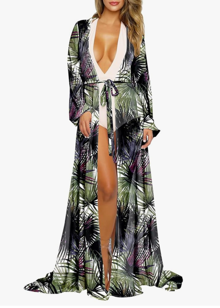 Pink Queen Women's Long Sleeve Flowy Maxi Swimsuit Tie Front Robe Cover Up M