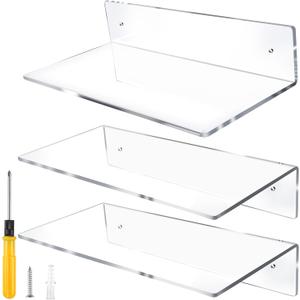 12 Inch L-Shaped Acrylic Floating Shelf Clear Wall Mounted Shelves Invisible 5MM Thick Shelf for Wall Storage Clear Shelves for Makeup Photo Picture Book Record Display 3 Pack