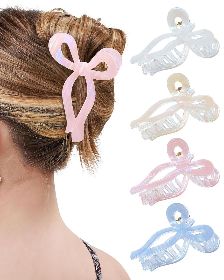 Mesovor 4 Pack Elegant Bow Hair Claw Clips, Nonslip 4.3" Large Hair Grip Hairclips for Thin and Thick | Acrylic Hair Strong Hold Hair Jaw Clamps (Mermaid Stripes)