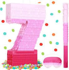 Sratte Number Piata Pink Piata Birthday Decorations Gradient with Stick Blindfold Confetti for Girls Boys Birthday Anniversary Party Decorations Supplies(Number 7)