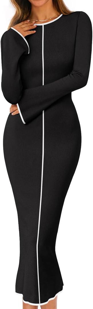 MEROKEETY Women's Fall Long Bell Sleeve Sweater Dress 2025 Elegant Bodycon Color Block Knit Midi Maxi Dresses (Black)