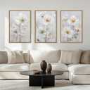 Aryroi Modern Chinoiserie White Daisy Floral Framed Canvas Wall Art Set,Watercolor Natural Beige Wildflower Wall Decor,Textured Minimalist Flower Botanical Artwork for Living Room,Farmhouse-24 x36 x3