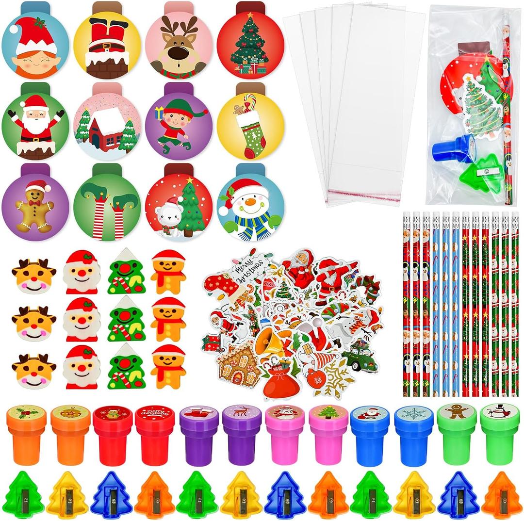 194 Pcs Christmas School Stationery Set Xmas Classrooms Exchange Stationery Party Favors Class Reward Prizes Notebooks Pencils Sharpener Erasers Stickers Stamps for Party Supplies (Snowball)