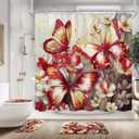 Gothic Burgundy Red Butterfly Floral Bathroom Shower Curtain Set with Rugs, 72"W x 72"L