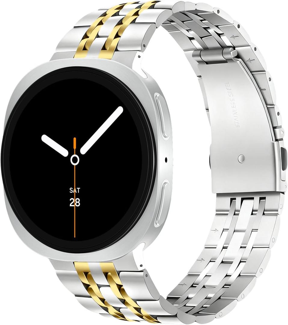 No Gaps Bands Compatible with Samsung Galaxy Watch Watch 8 40mm/44mm/Classic 46mm 2025, Stainless Steel Metal Replacement No Gap Band Women Men Large Small (Silver + Gold)